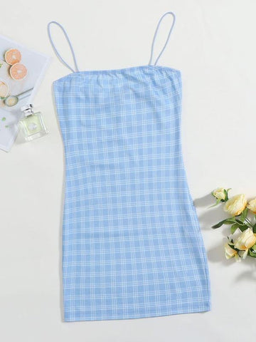 Plaid Print Cami Bodycon Dress - takostyle