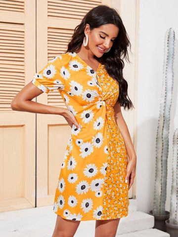 Twist Front Floral Print A-line Dress - takostyle