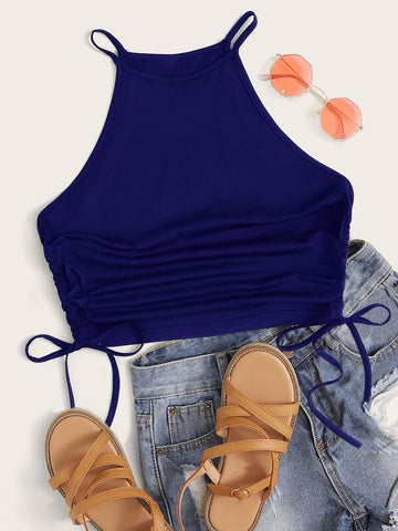 Drawstring Side Crop Halter Top - takostyle
