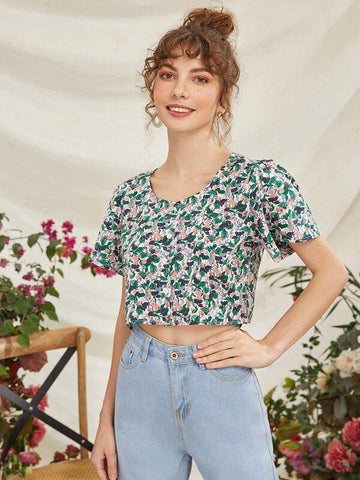 All Over Plants Print Button Front Chiffon Blouse - takostyle