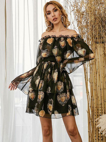 Missord Frill Trim Graphic Mesh Layered Dress - takostyle