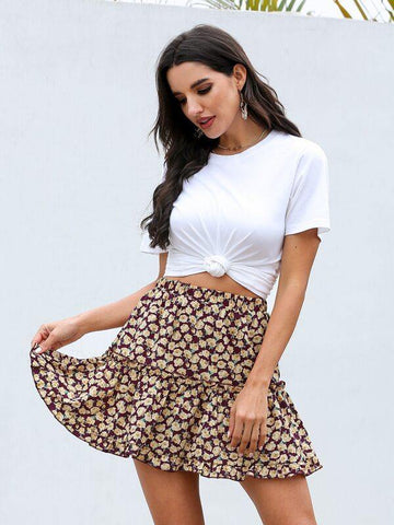 Allover Floral Ruffle Hem Mini Skirt - takostyle