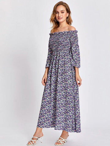 Off-shoulder Ditsy Floral Shirred Dress - takostyle