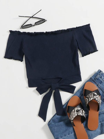 Lettuce Trim Tie Hem Rib-knit Bardot Top - takostyle