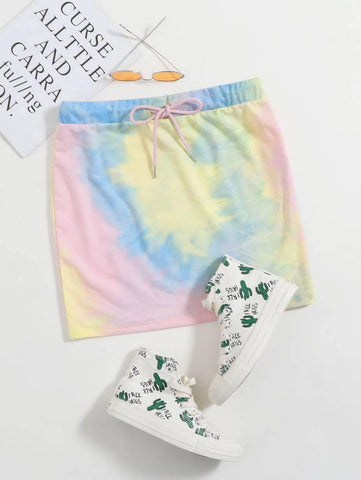 Drawstring Waist Tie Dye Skirt - takostyle