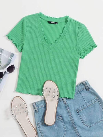 V-neck Lettuce Trim Rib-knit Tee - takostyle