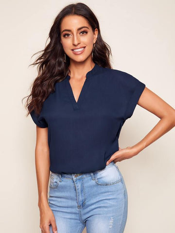 Notched Neck Curved Hem Cuffed Top - takostyle