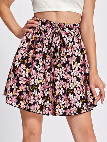 Paperbag Waist Belted Floral Skirt - takostyle