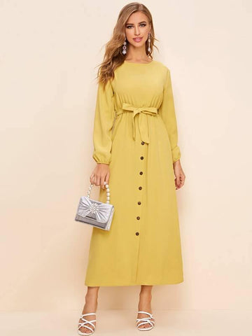 Solid Belted Button Front Dress - takostyle
