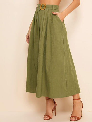 Slant Pocket Belted A-line Skirt - takostyle