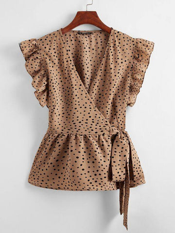 Ruffle Armhole Polka Dot Tie Side Wrap Peplum Top - takostyle