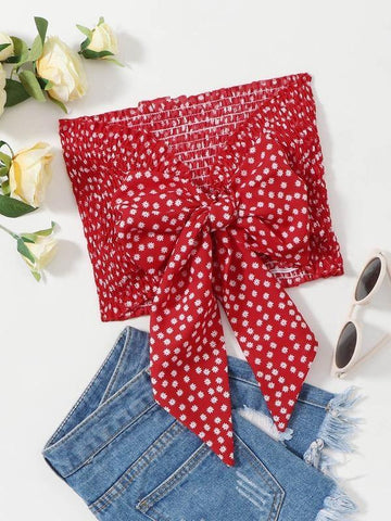 Ditsy Floral Tie Front Tube Top - takostyle