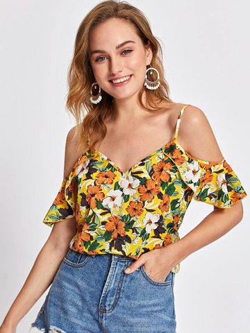 Cold Shoulder Allover Floral Top - takostyle