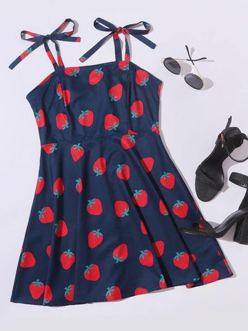 Strawberry Print Knotted Cami Dress - takostyle