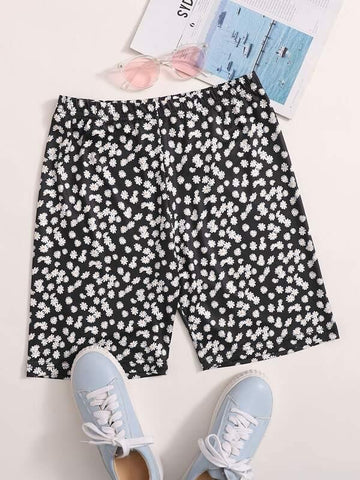 Ditsy Floral Elastic Waist Biker Shorts - takostyle