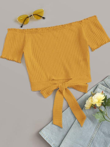 Lettuce Trim Tie Hem Rib-knit Bardot Top - takostyle