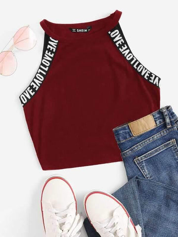 Letter Tape Side Rib-knit Halter Top - takostyle