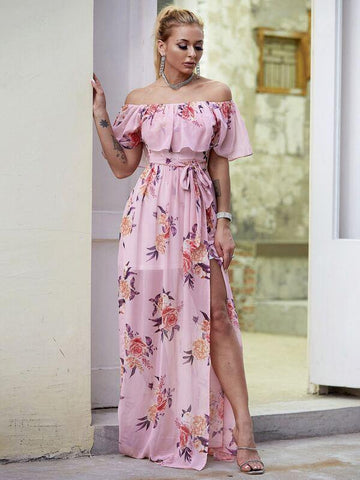 Joyfunear Ruffle One Shoulder Belted Floral Wrap Dress - takostyle