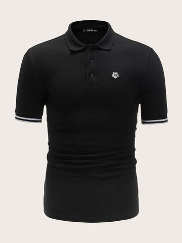 Men Striped Cuff Embroidered Detail Polo Shirt
