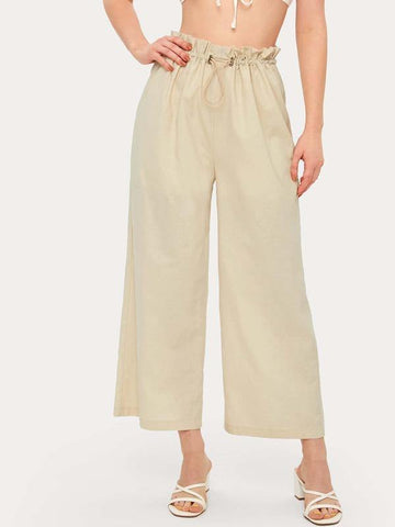 Paper Bag Waist Drawstring Wide Leg Pants - takostyle