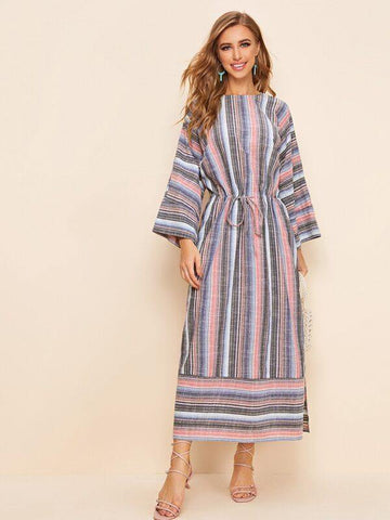 Drawstring Waist Split Hem Striped Dress - takostyle