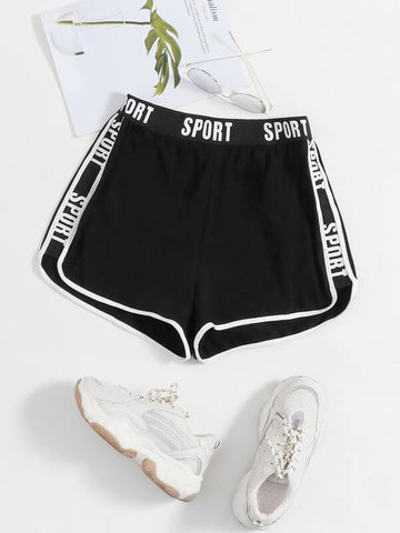 Letter Graphic Contrast Binding Dolphin Shorts - takostyle