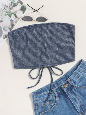 Lace-up Back Glitter Bandeau Top - takostyle