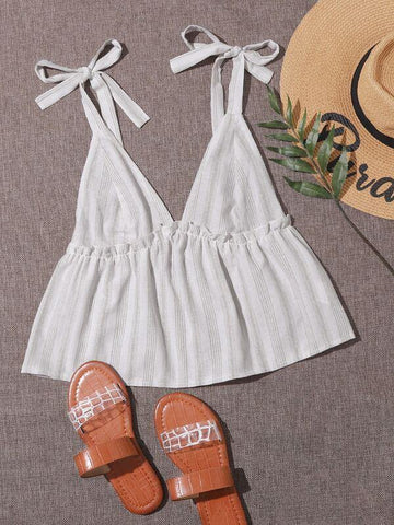 Knot Straps Frill Trim Striped Cami Peplum Top - takostyle