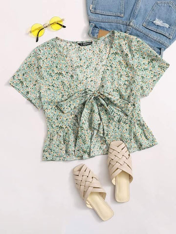 Tie Front Ditsy Floral Peplum Top - takostyle