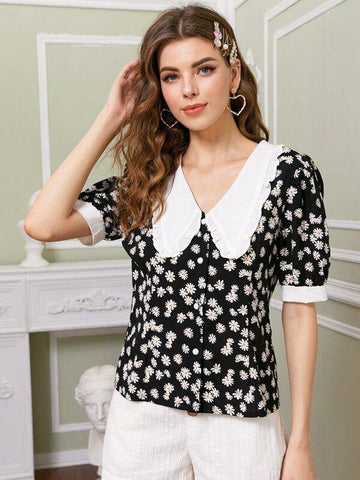 Daisy Print Peter Pan Collar Puff Sleeve Blouse - takostyle