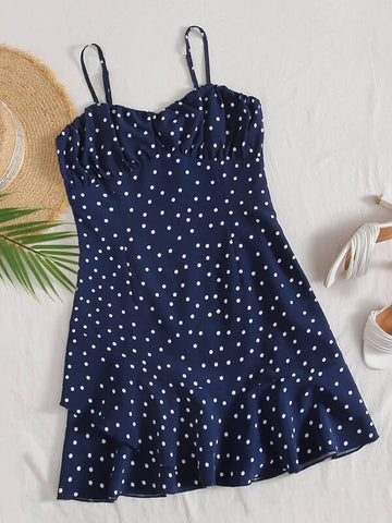 Ruched Bust Polka-dot Print Cami Dress - takostyle