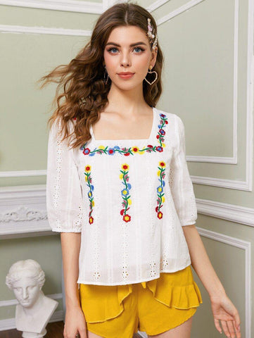 Floral Embroidered Schiffy Blouse - takostyle