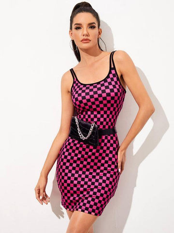 Double Strap Checkered Bodycon Dress - takostyle