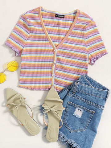 Lettuce Trim Button Front Rib-knit Striped Top - takostyle