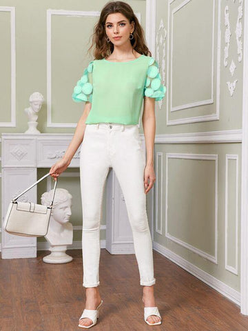 Applique Mesh Sleeve Solid Top - takostyle