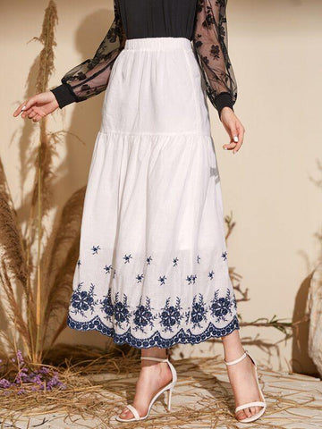 Tribal Floral Embroidery Scallop Hem Skirt - takostyle