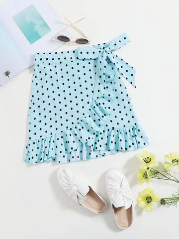 Ruffle Trim Knot Side Wrap Polka Dot Skirt - takostyle