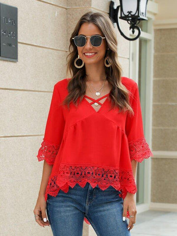 Criss Cross Front Contrast Lace Trim Blouse - takostyle