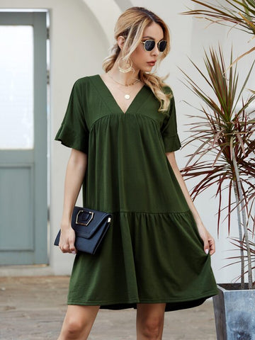V-neck Flounce Sleeve Solid Smock Dress