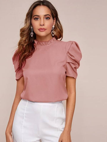 Frill Neck Puff Sleeve Top - takostyle