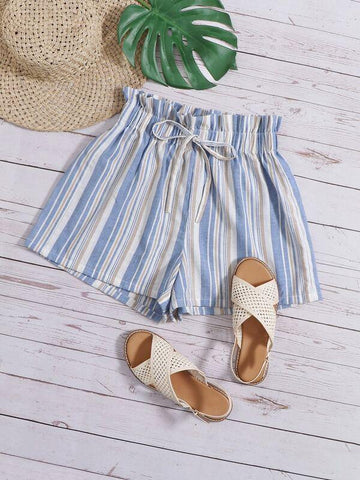 Tied Paperbag Waist Striped Shorts - takostyle