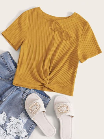 Twist Front Rib-knit Crop Tee - takostyle