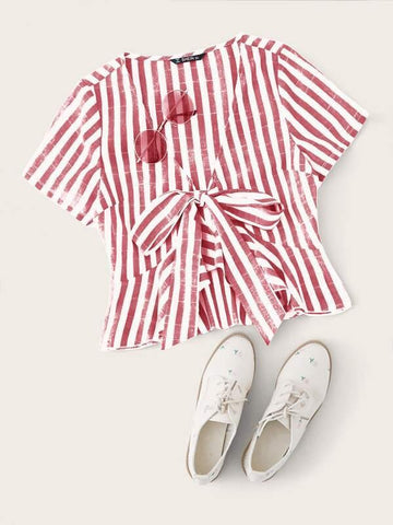 Tie Front Striped Peplum Top - takostyle