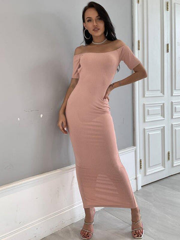 Joyfunear Off Shoulder Backless Rib-knit Bodycon Dress - takostyle