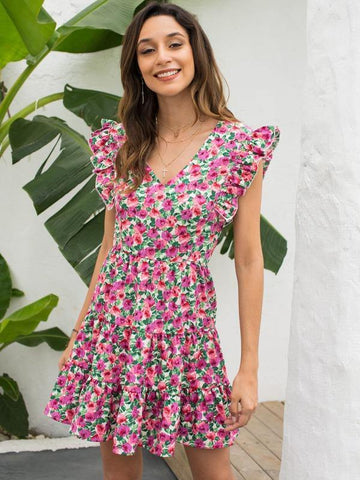 Allover Floral Ruffle Trim A-Line Dress - takostyle
