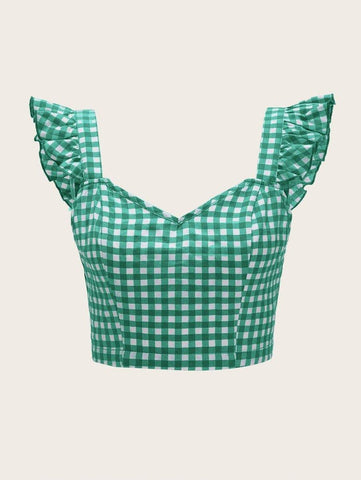 Ruffle Strap Tied Open Back Buffalo Plaid Top - takostyle