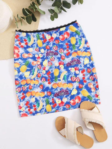 Allover Fruit Print Lace Trim Skirt - takostyle
