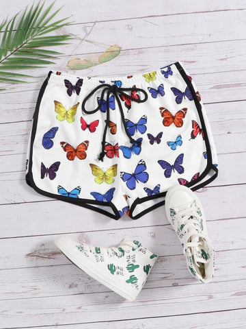 Tie Front Contrast Binding Butterfly Print Shorts - takostyle