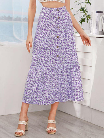 Ditsy Floral Print Button Front Ruffle Hem Skirt - takostyle