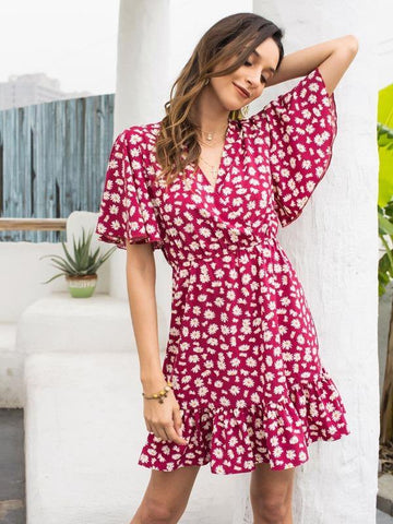 Ditsy Floral Flounce Sleeve Ruffle Hem Dress - takostyle